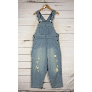 MONTHORIGIN Overalls Womens Large Blue Denim Distressed Bib Cropped Pockets